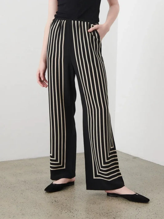 Women Geometric Striped Print Trousers 100% Silk Female Loose Elastic Waist Wide Leg Casual Long Pant Summer New