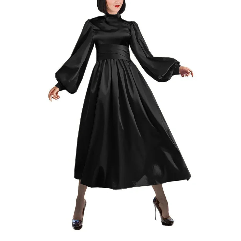 Plus Size Satin Evening Dress Elegant Drape High Neck Long Sleeve Dress Ladies Party Belted Long Gown Women A-Line Prom Dress