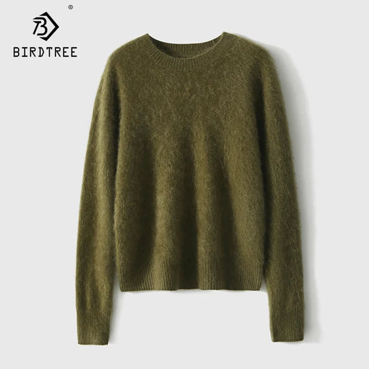 Birdtree-Brushed Heavy Pullover For Women, 100%Goat Cashmere, O-Neck, Seamless Loose Sweater, Fall Winter Warm Outwears T49008QM