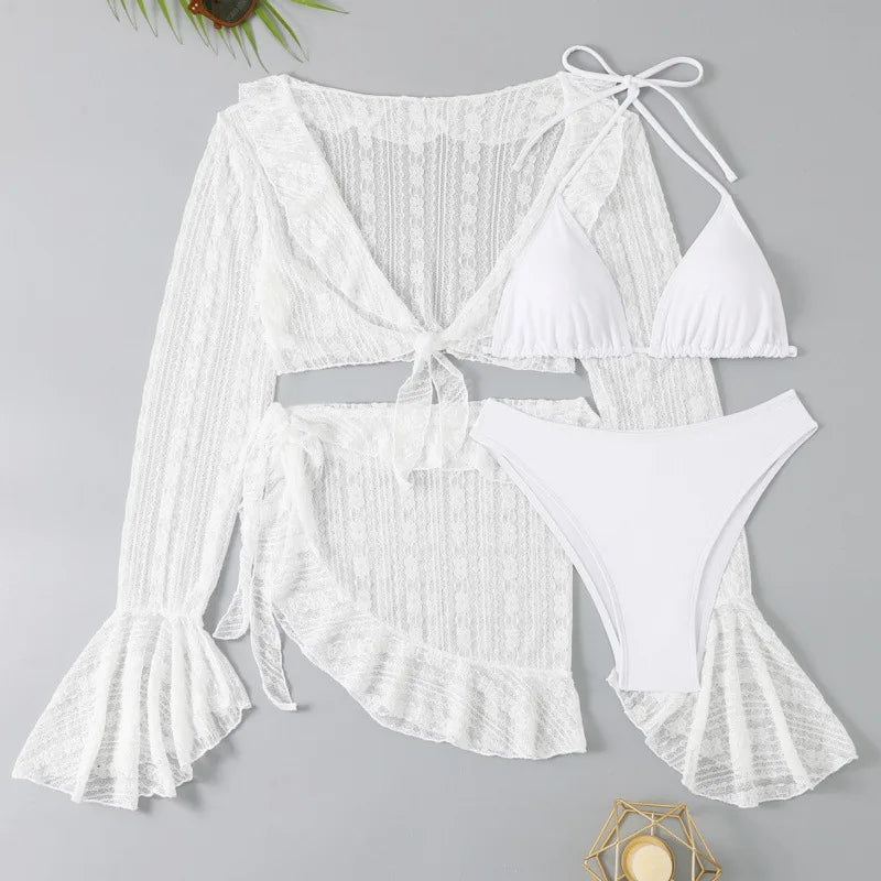 Women Swimsuits Long-sleeve Cover-up Swimwear Summer Solid Bikini Sexy Four-piece Set Brazilian Beachwear Party bathing suit