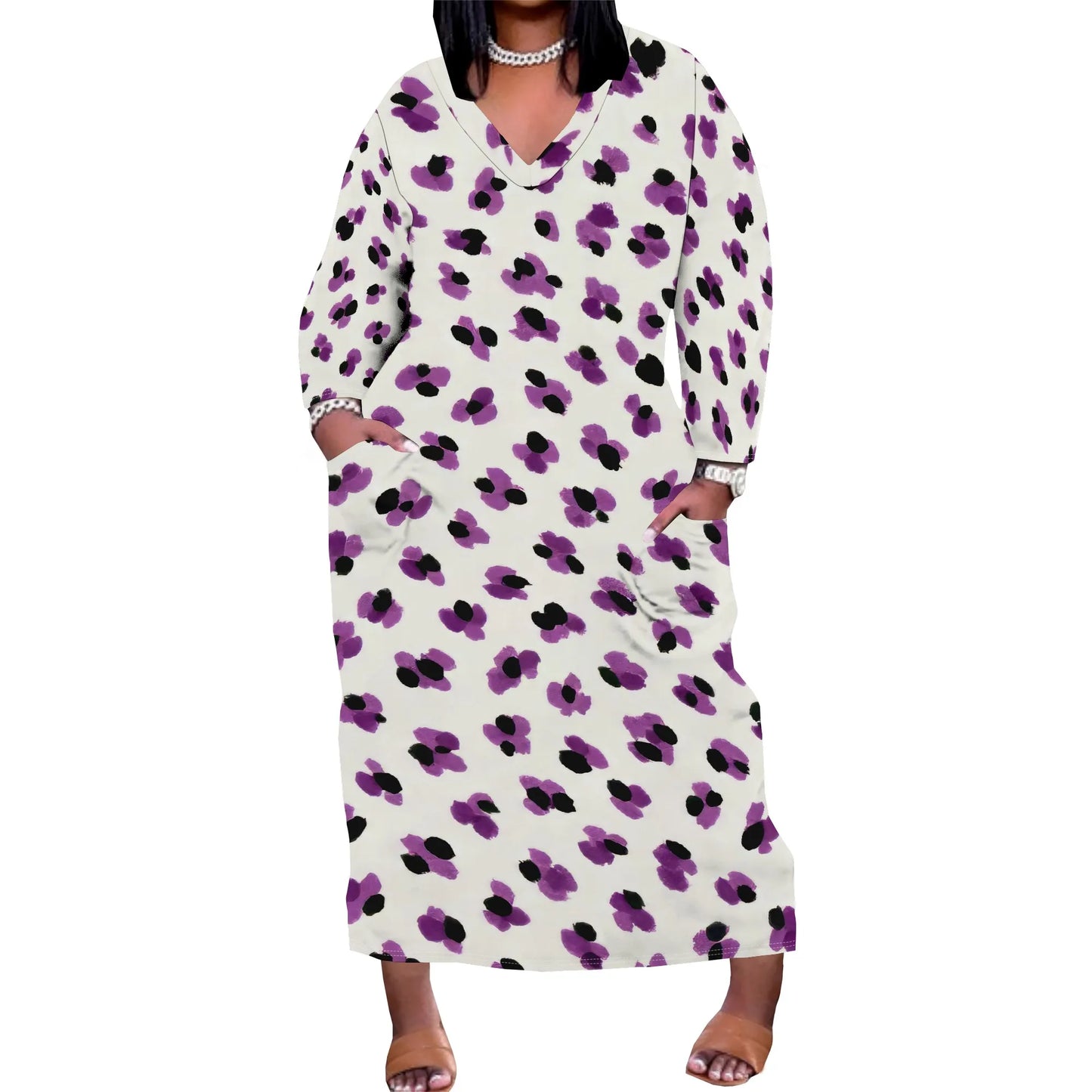 Women's Long Sleeve Plus Size Polka Dot Print Maxi Dress V Neck with Pockets Dress Loose Casual Autumn Outfit