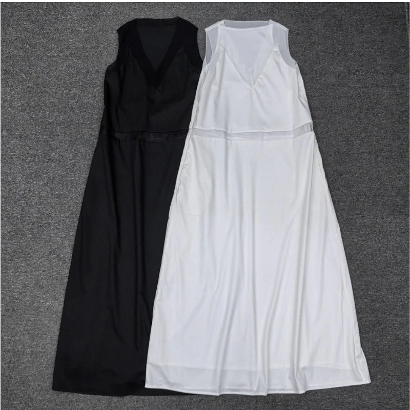25 year spring/summer new product hollow transparent yarn splicing V-neck sleeveless long dress