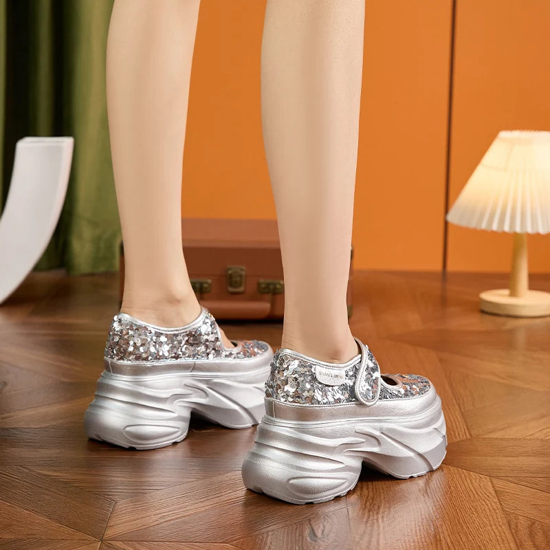 Manufacturer   AUTUSPIN Summer Shiny Shallow Shoes Women Sequined Cloth Pumps High Heels Ladies Bling Bling Platform Mary Janes Shoes Woman   Pumps