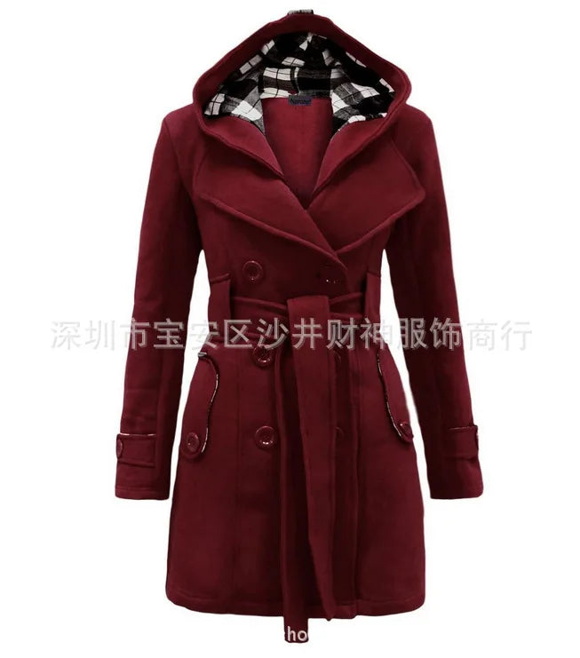 Long Plaid Hooded Coat with Belt Double Row Buttons New Hot Sale Of The Season Women's Woolen Jacket Simple Solid Color Full Sle