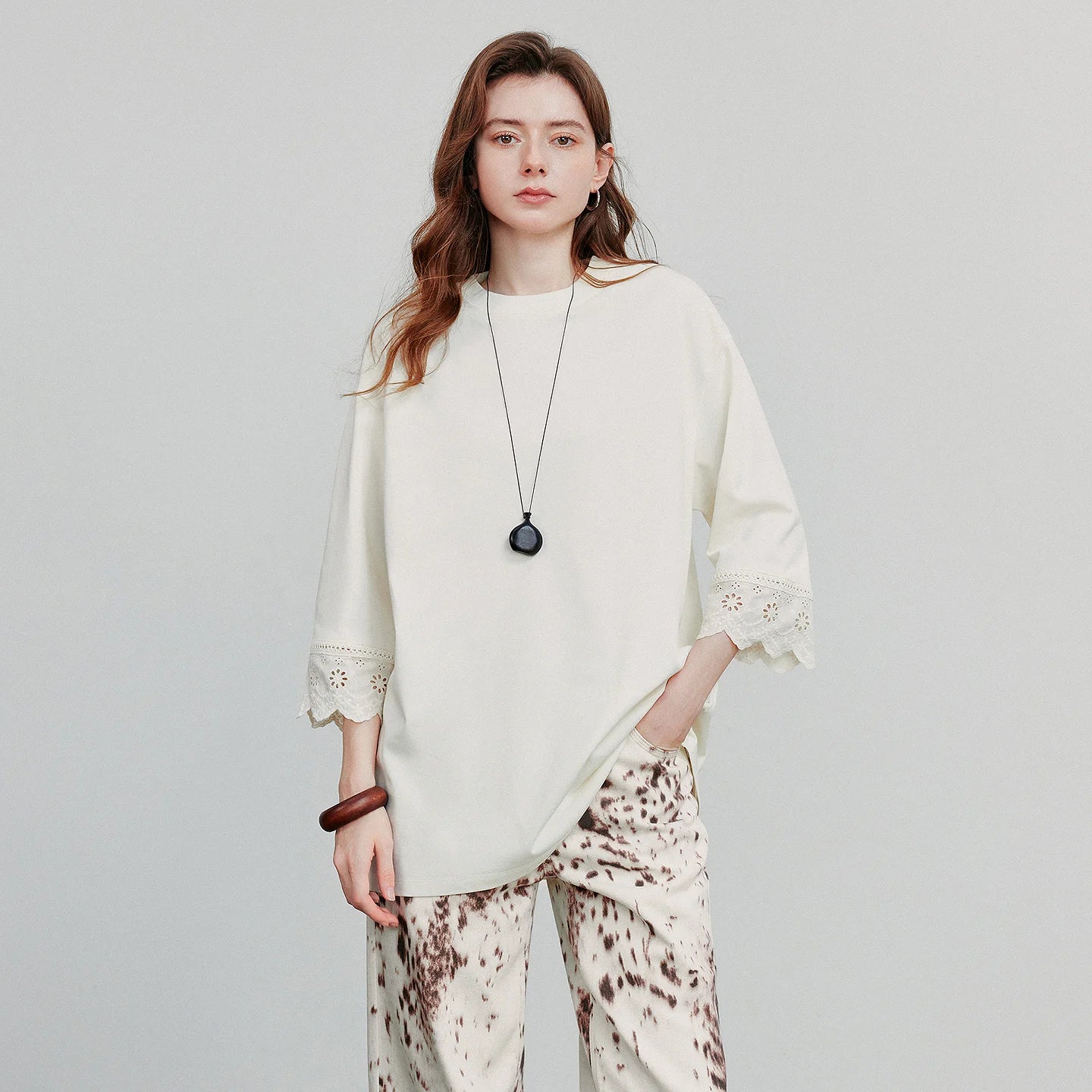 TOYOUTH Women T-shirts  Autumn New Round Neck Patchwork Lace Three Quarter Sleeve Loose Cotton Tops