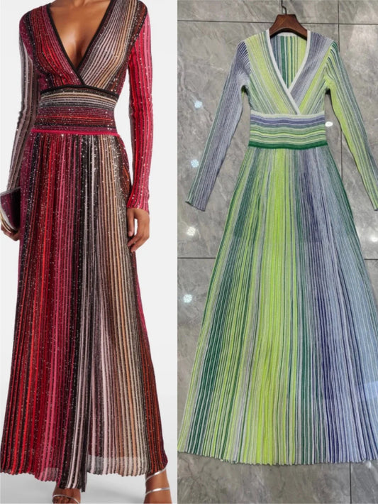 Sequined Striped Women's Pleated Knitted Dress  New 2 Colors V-Neck High Waist Long Sleeve Fashion Female Robe