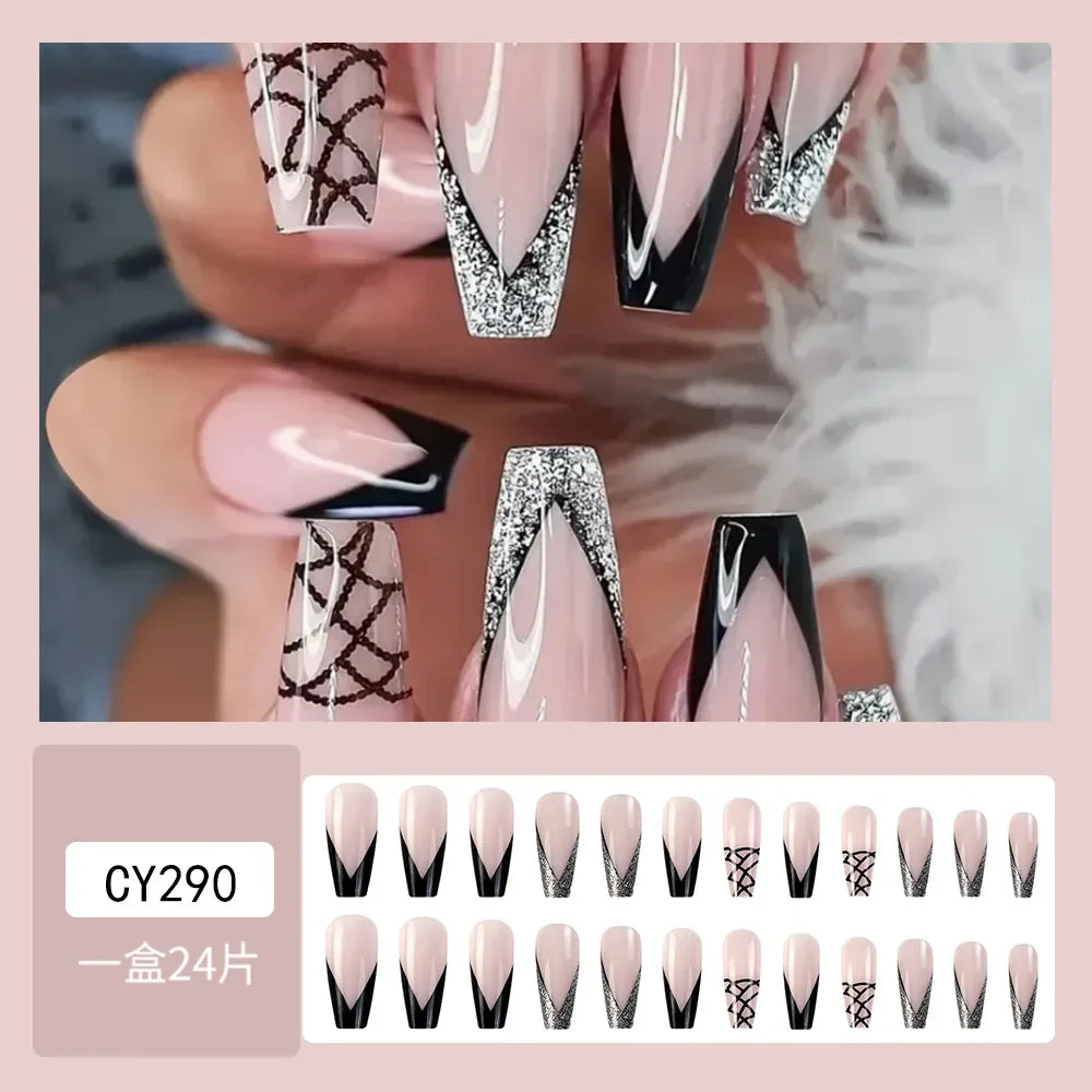 24Pcs Halloween Black Ghost Long Ballet False Nails Wearable French Ballerina Fake Nails Press On Full Cover Manicure Nail Tips