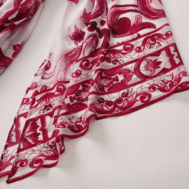Red Blue And White Porcelain Print Holiday Dress Summer Vintage Bohemia Dress Women's  Loose Lace Up Belt Long Robe Vestido