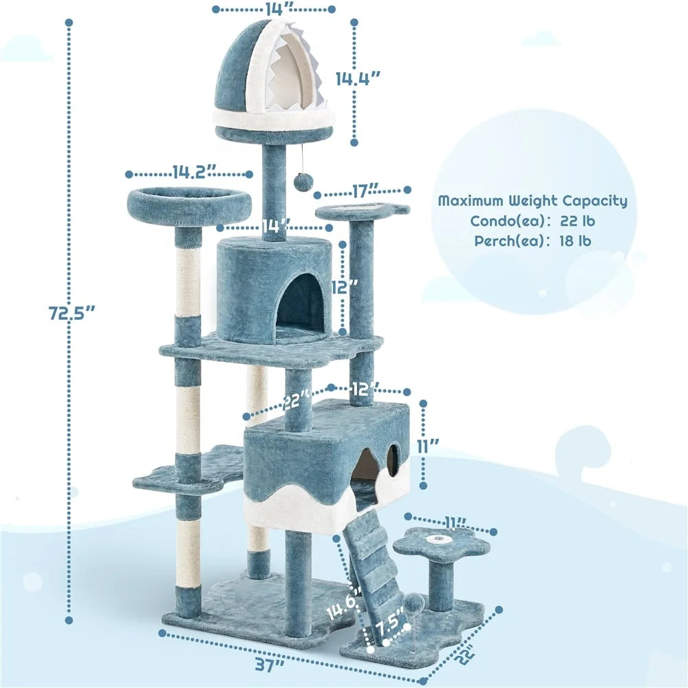 Ocean-Themed Cat Tree Large Multi-Level Condo Shark Bed Fish Perch Sturdy Scratch Post Cats  cat toy
