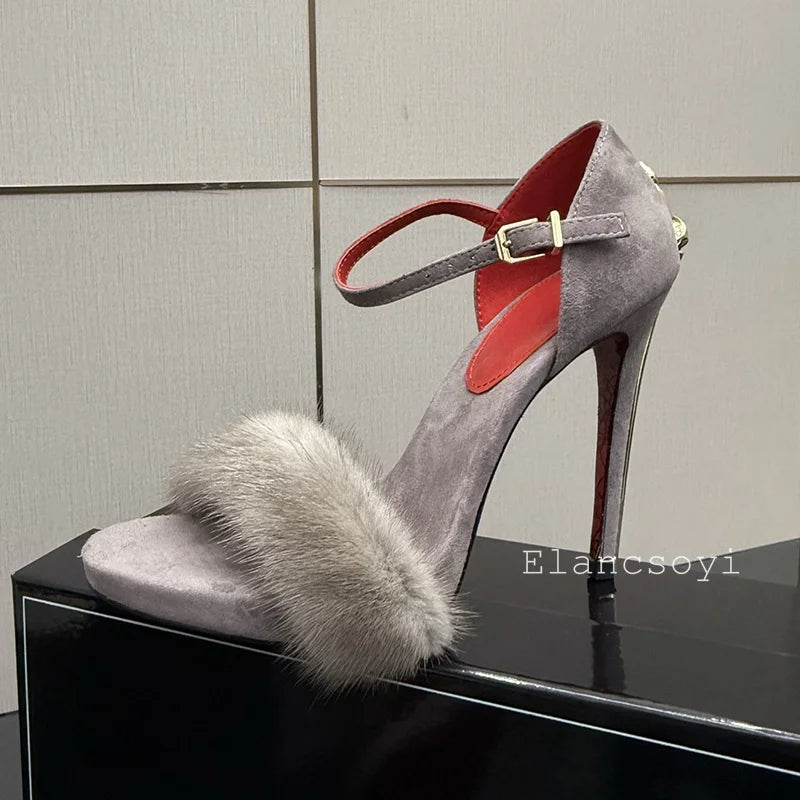 Manufacturer   Super High Heels Sandals Women Mink Fur Metal Sword Thin Heels Open Toe Ankle Strap Sandalias Summer Fashion Party Dress Pumps   Pumps
