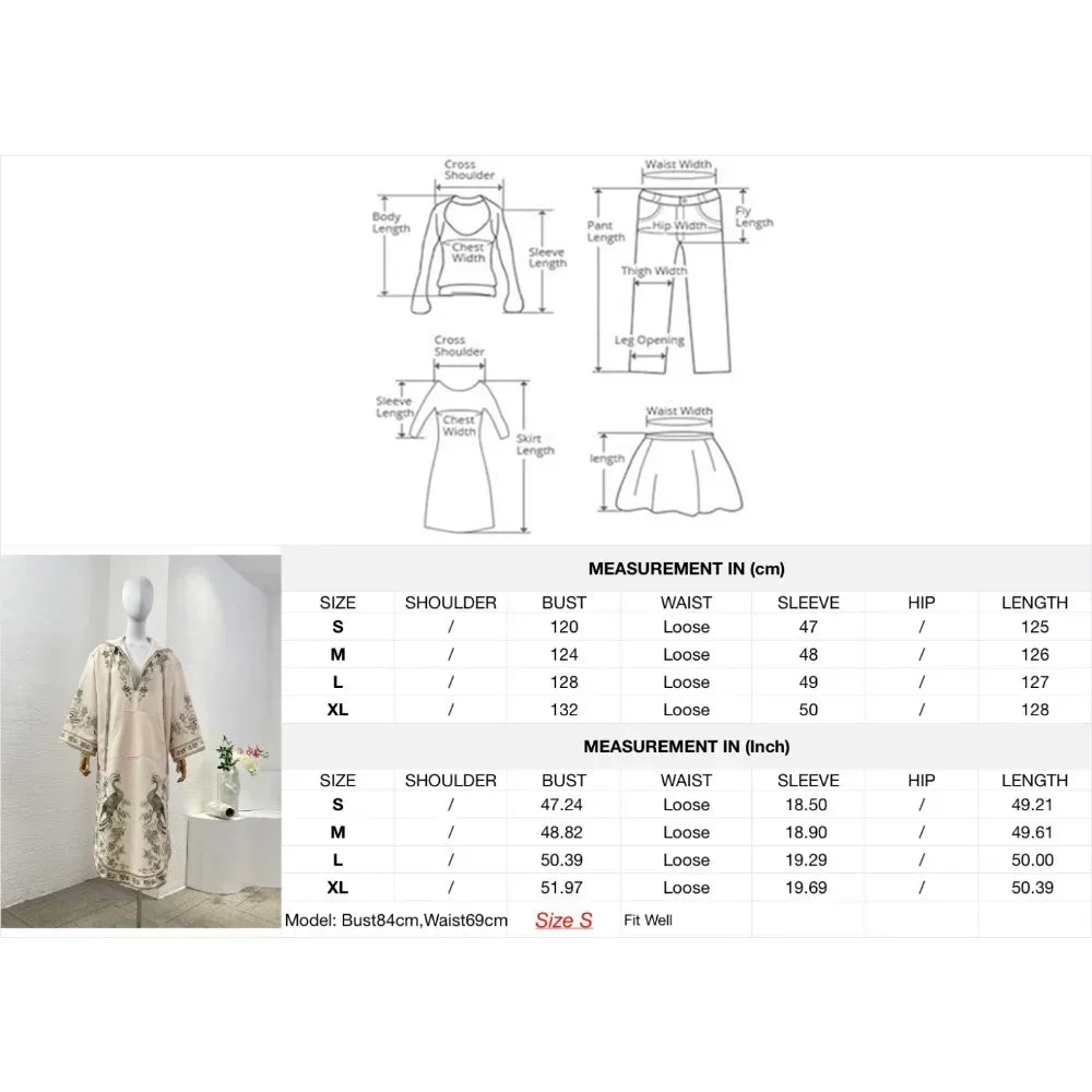 New Fashion Beige Long Sleeve Hooded Peacock Floral Print Loose Midi Dress