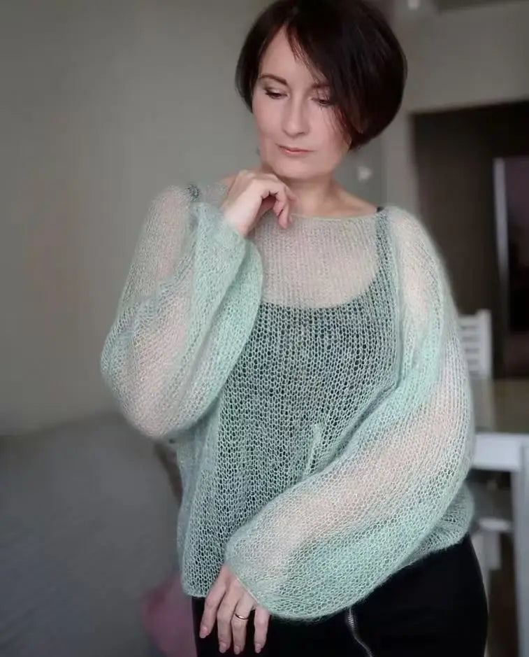 Sweet one neck pullover thin hollow out sweater for women, hand woven loose and comfortable mohair wool sweater new style