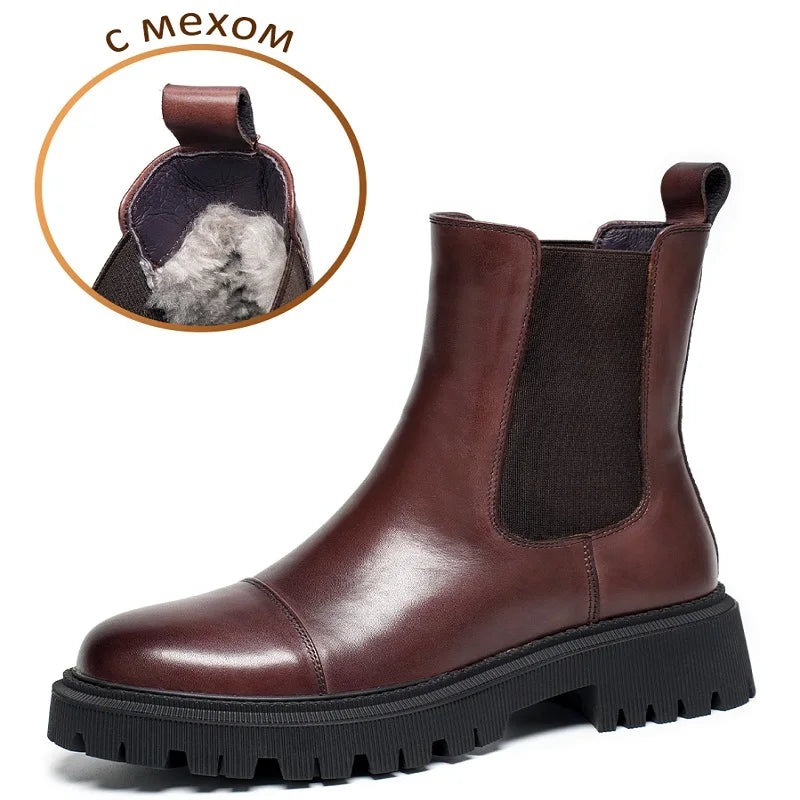 Manufacturer   Boots Platform Women Cow Leather Chelsea Boots Round Toe Elastic Band Thick Sole Ladies Shoes Handmade    boots