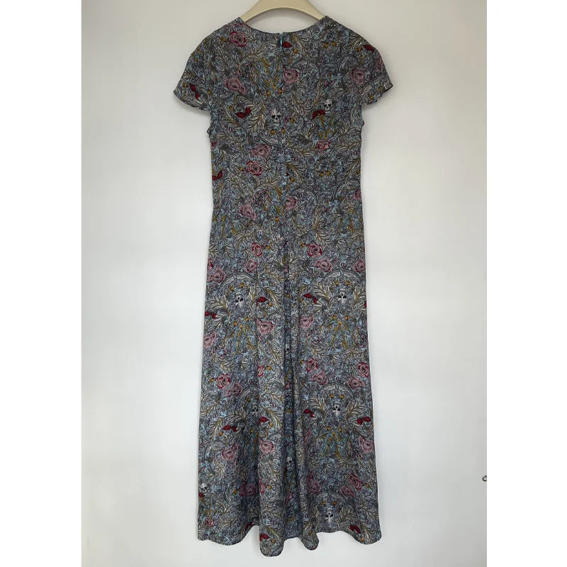 Women Short Sleeve Dress Female Casual V-Neck Long Dresses Lady Floral Print Lace Robes  New Split Jupes