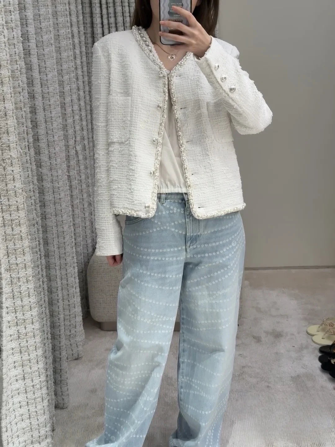 Women's new jacket with coarse woolen pearl border decoration and customized buttons