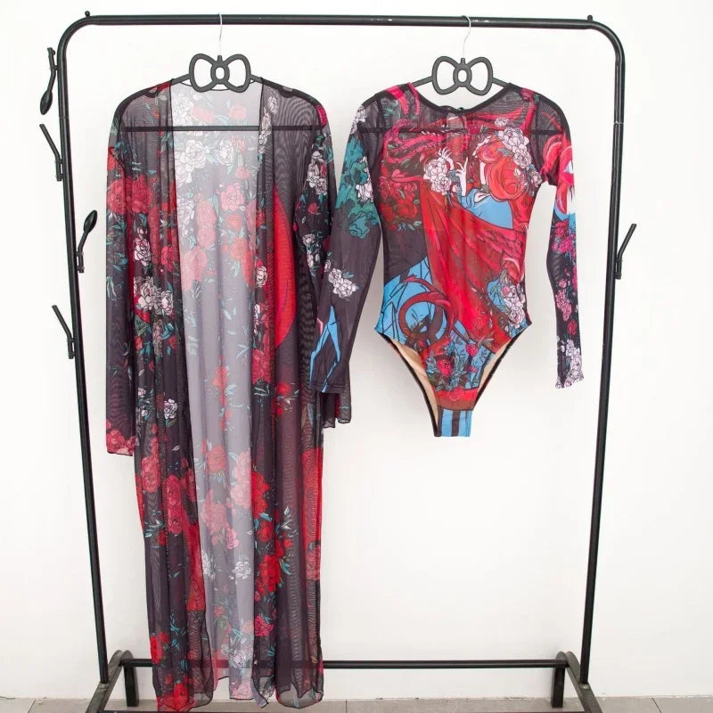 Fashion Printing Swimming Suit for Women Sexy Long Sleeve One Piece Swimsuits Mesh Bikini Cover Up  New Vintage Two Piece Set
