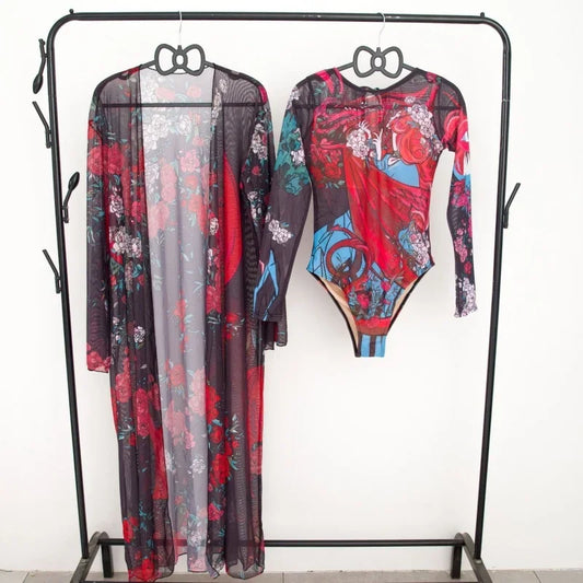 Fashion Printing Swimming Suit for Women Sexy Long Sleeve One Piece Swimsuits Mesh Bikini Cover Up  New Vintage Two Piece Set