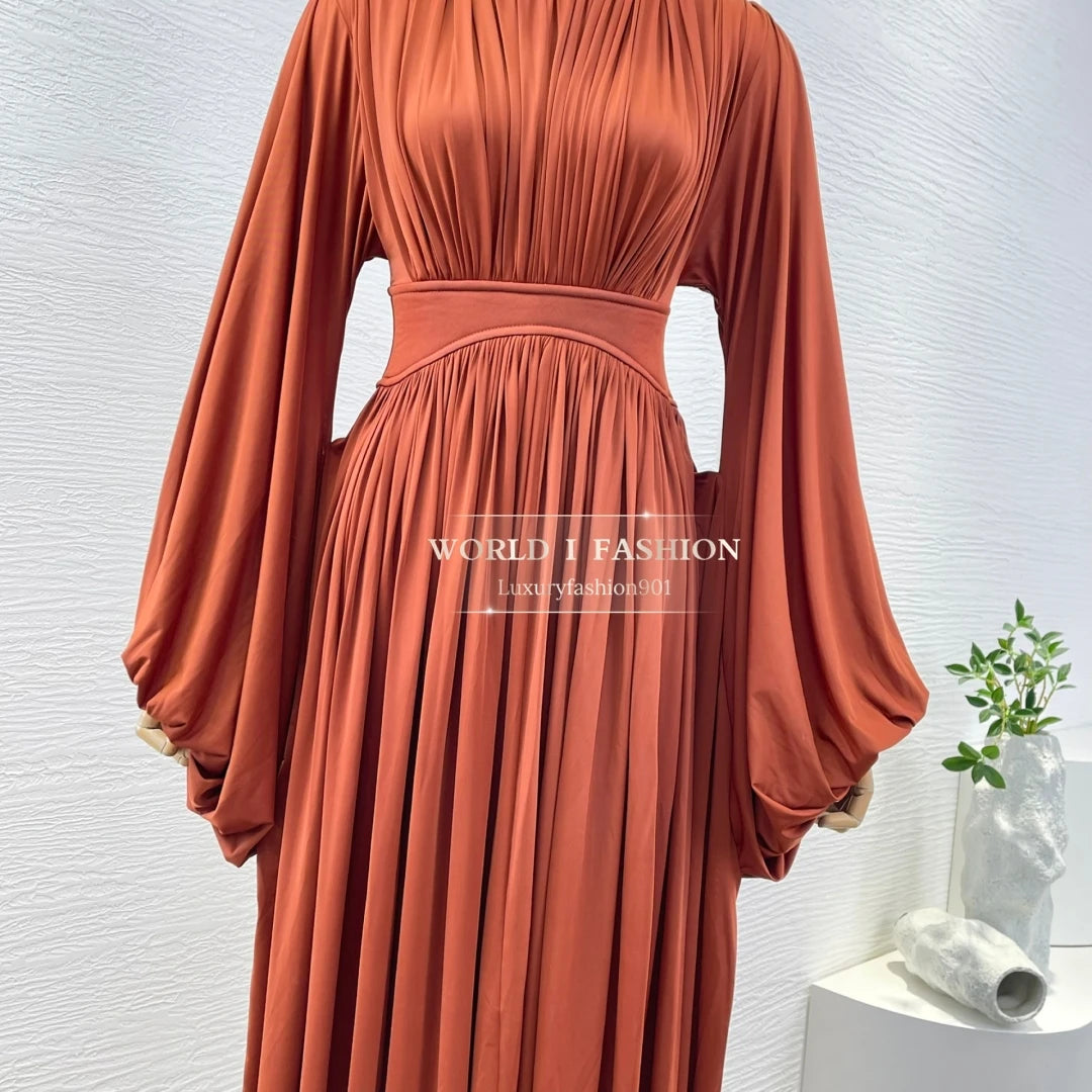 New Fashion Red Long Sleeve O Neck Pleat Midi Dress
