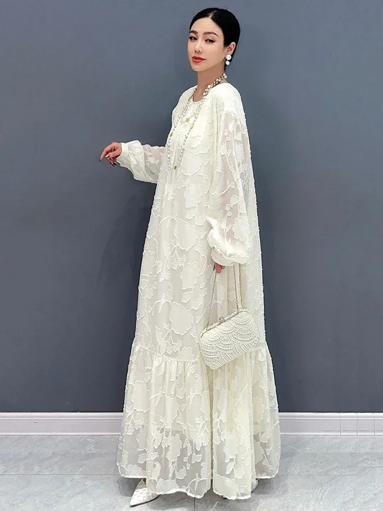 Gauze Patchwork Print Dresses Solid Color Pullover Long Sleeve Loose Fashion Temperament Dress  Spring New