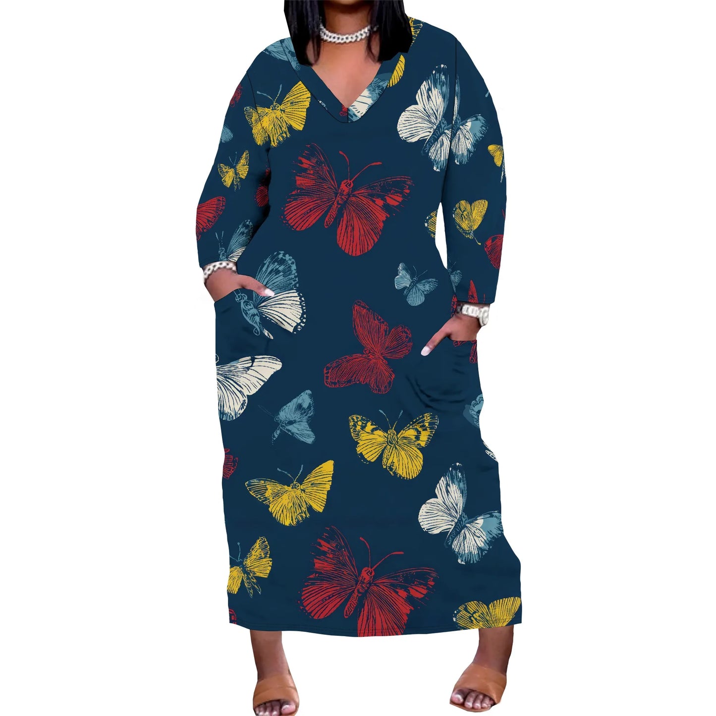 Oversized Baggy Summer Womens Print Dresses Sexy Casual T-Shirt V Neck Long Sleeve Maxi Dress with Pocket