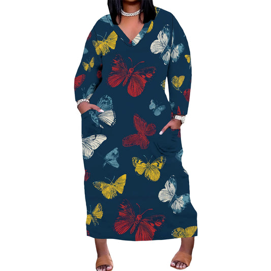 Oversized Baggy Summer Womens Print Dresses Sexy Casual T-Shirt V Neck Long Sleeve Maxi Dress with Pocket