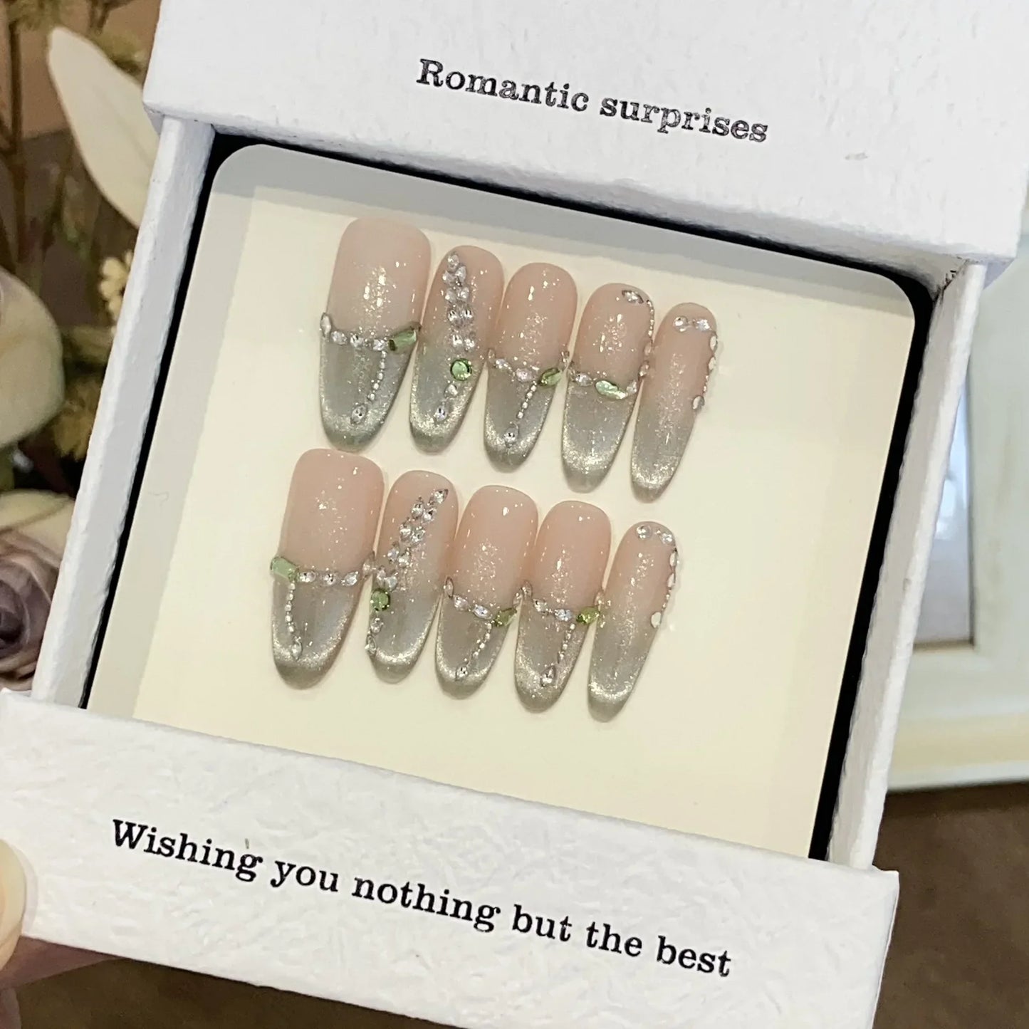 10Pcs Handmade Press on Nails Pink  Aurora Diamond Rhinestones Design Pink Almond False Nails Wearable Manicure Nail Tips Art