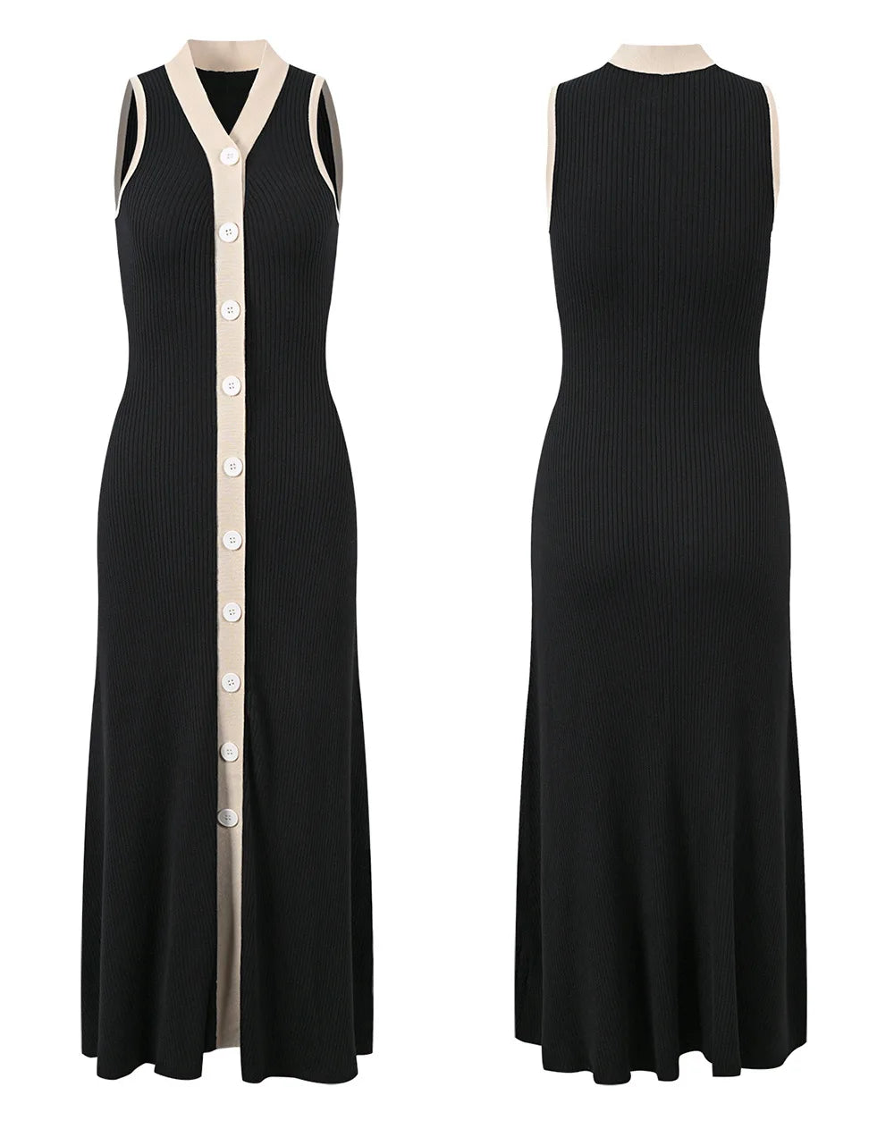 Elegant Long Skirt, Black and White Contrasting V-neck Sleeveless Long Knitted Dress, New Spring and Summer Style in clothes