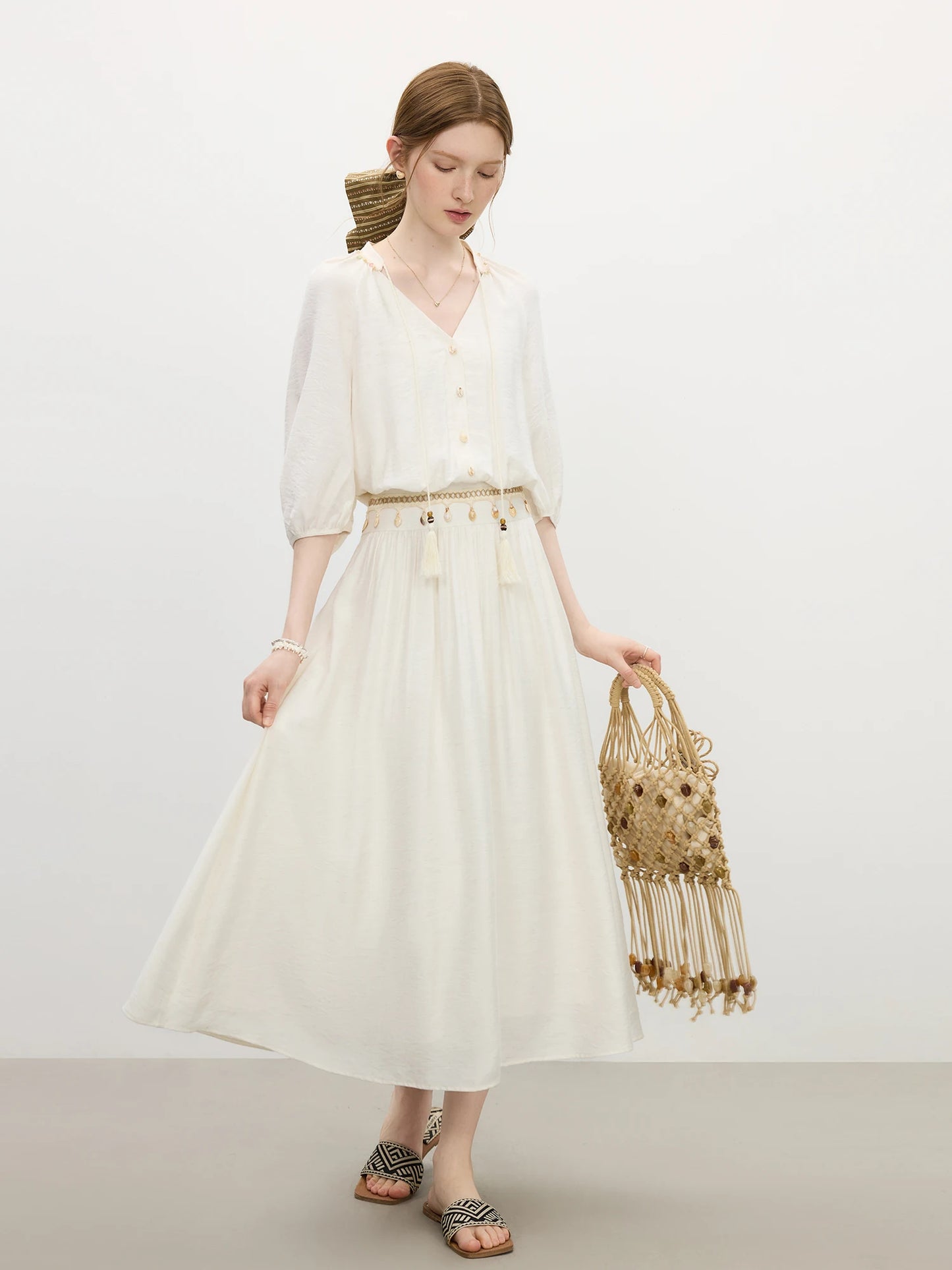 FSLE High Waist Dress for Women Summer New Arrival Lantern Sleeves V-neck Strappy Holiday Long Romantic Dress