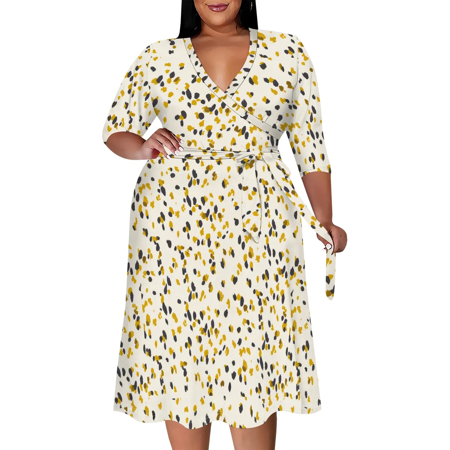 Women's Floral Print Maxi Dresses Summer with Pockets Casual 3/4 Sleeve V-Neck Wrap Tie Waist Long Dress