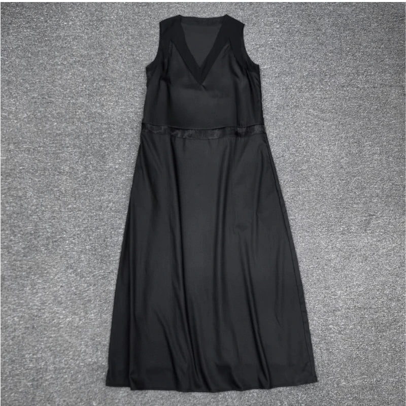 25 year spring/summer new product hollow transparent yarn splicing V-neck sleeveless long dress