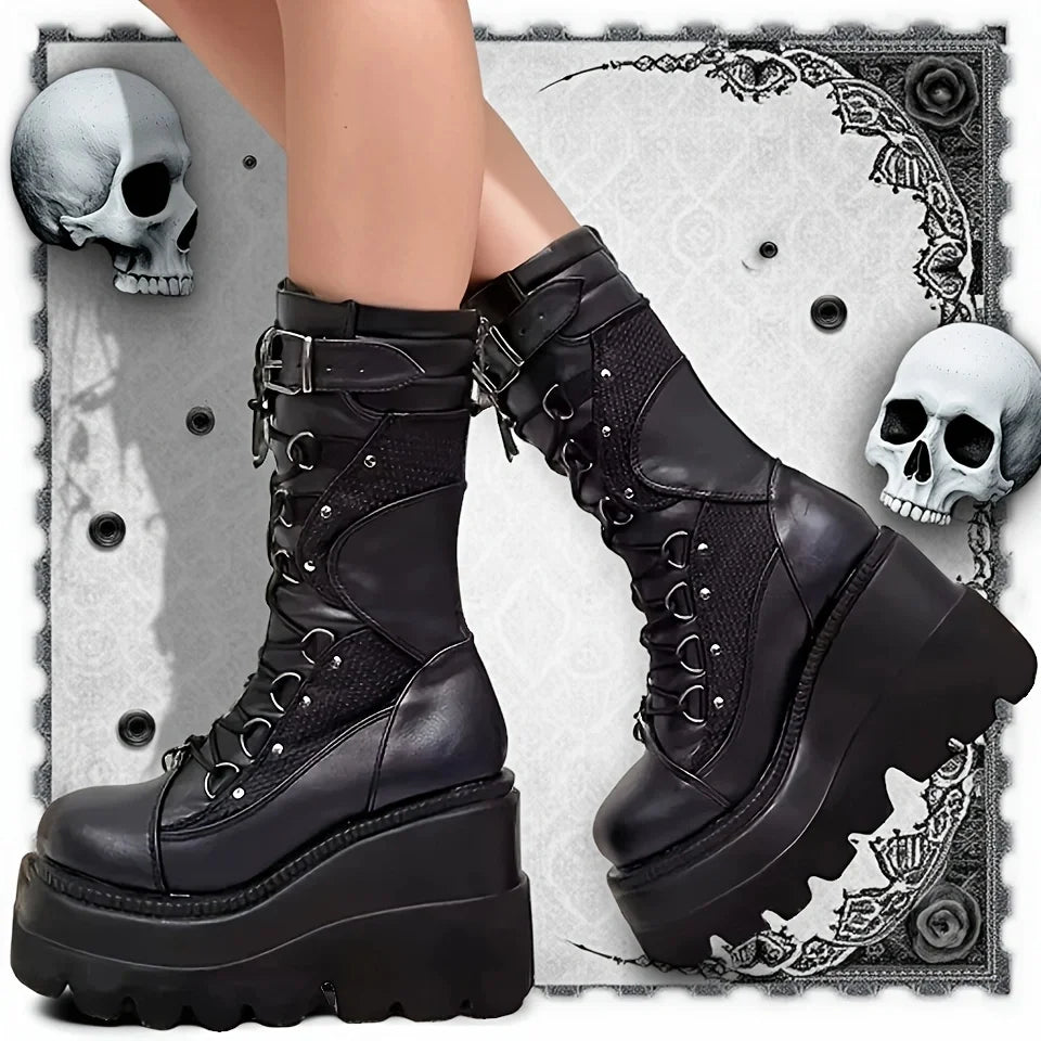 Manufacturer   Brand New Ladies Goth Platform Boots Fashion Rivet Buckle Punk Wedges High Heels women's Boots Party Street Cosplay Woman Shoes   boots