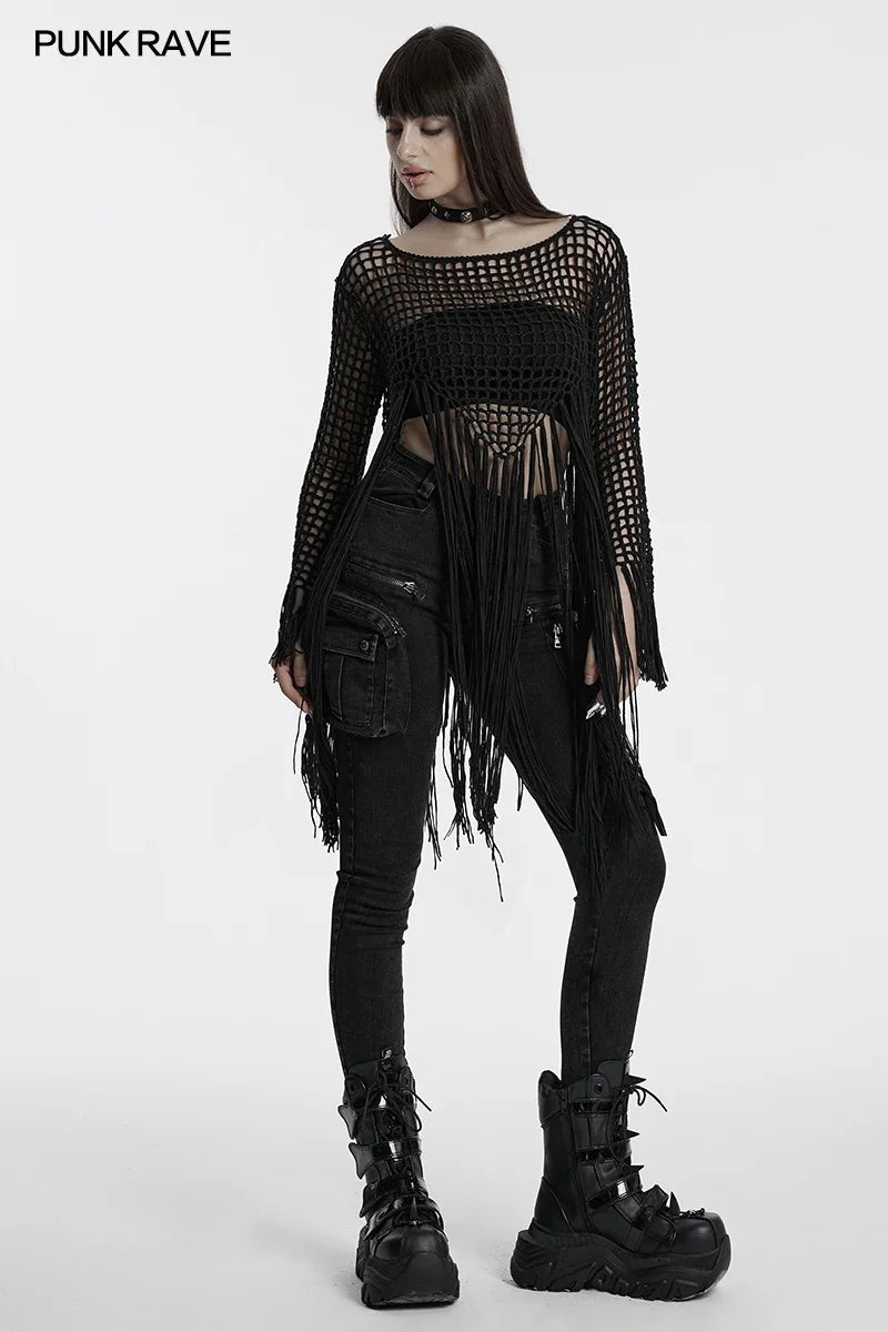 PUNK RAVE Women's Gothic Sexy Hollow Out Tassels Sweater Decadent Personalized Pointed Design Dark Loose Tops Pullovers