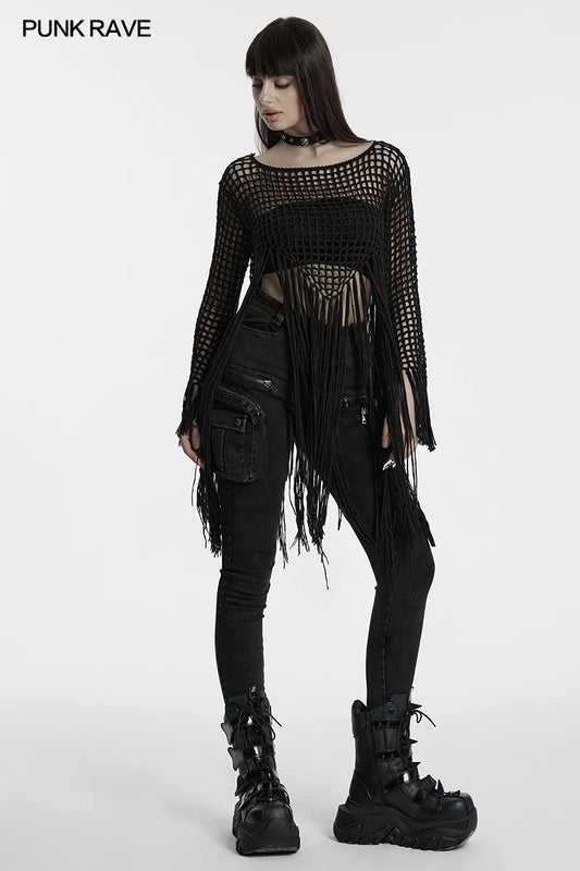 PUNK RAVE Women's Gothic Sexy Hollow Out Tassels Sweater Decadent Personalized Pointed Design Dark Loose Tops Pullovers