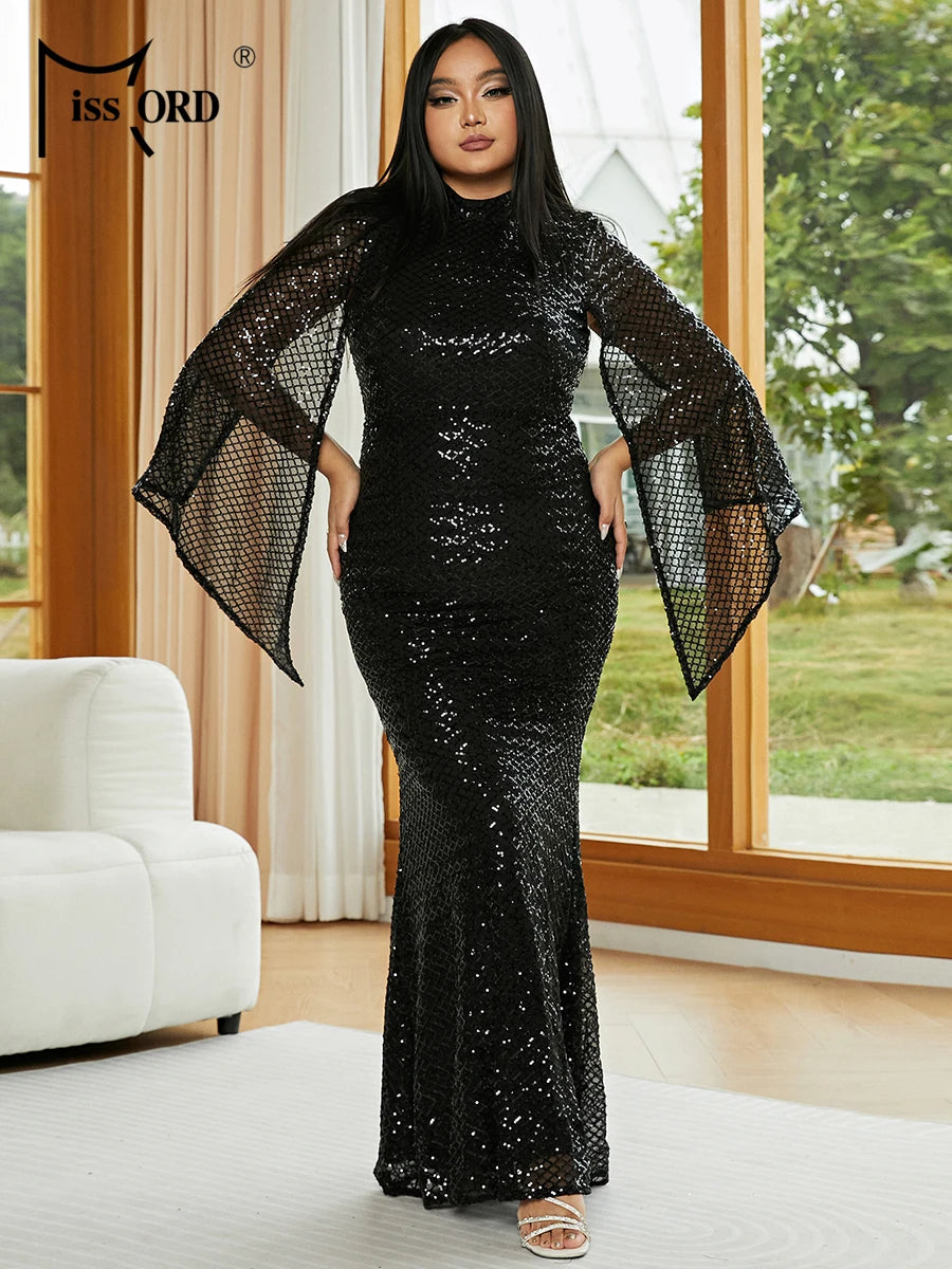 Missord Sequin Plus Size Wedding Party Dress Elegant Women Turtleneck Split Long Sleeve Bodycon Maxi Evening Dress Prom Gown