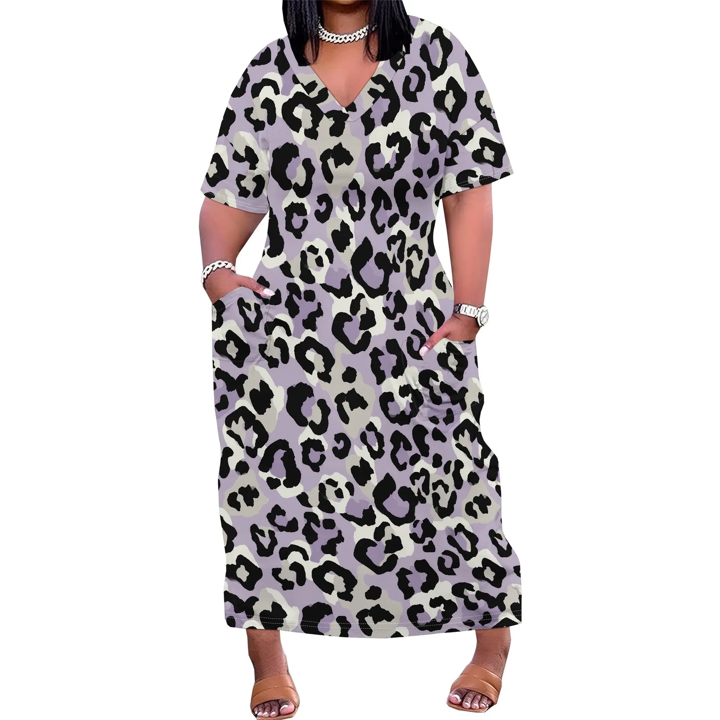 Women's Plus Size African Print Dresses Casual Loose Pocket Short Sleeve Long Maxi Dress