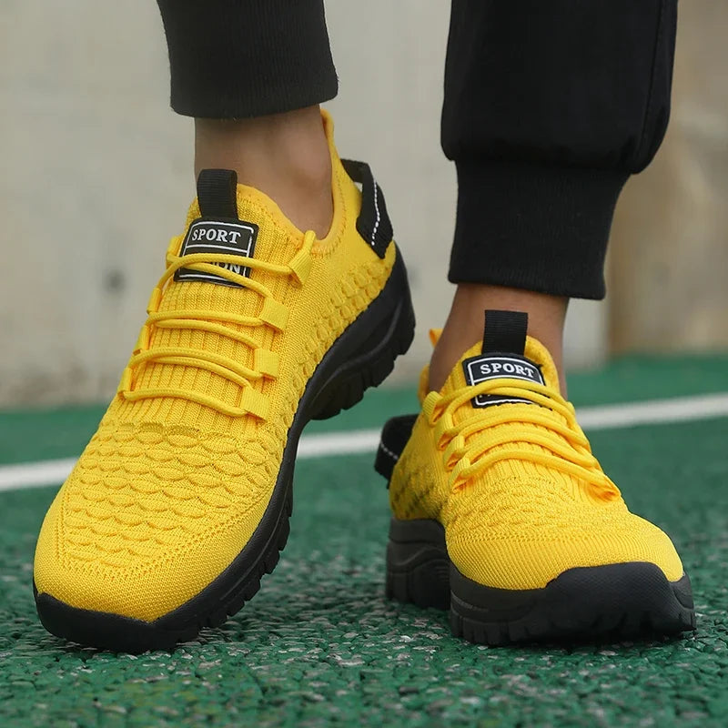 Manufacturer   Men's Bright Yellow Outdoor Sneakers Breathable Mesh Construction Shock Absorbing Sports Shoes Stylish Trendy Adventure Footwear    Sneakers