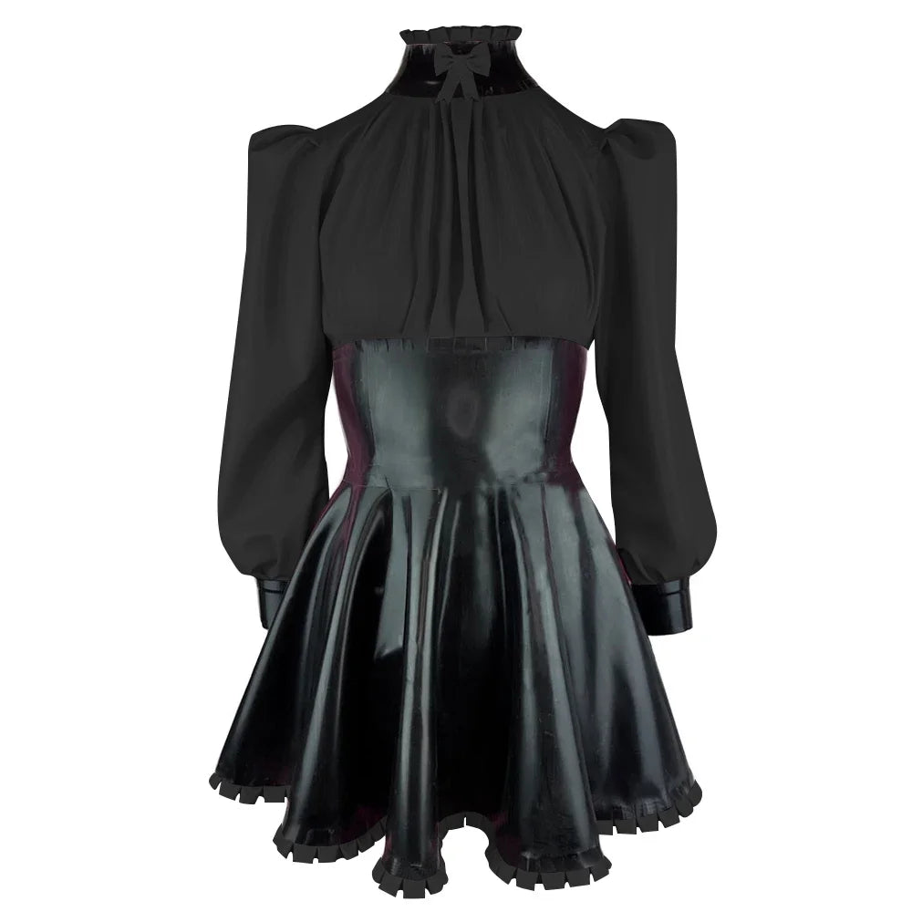 Plus Size High Neck Bow Patchwork Black Faux Latex Mini Dress Women Long Sleeves Slim Fit Ruffled A-line Dress Cocktail Gown