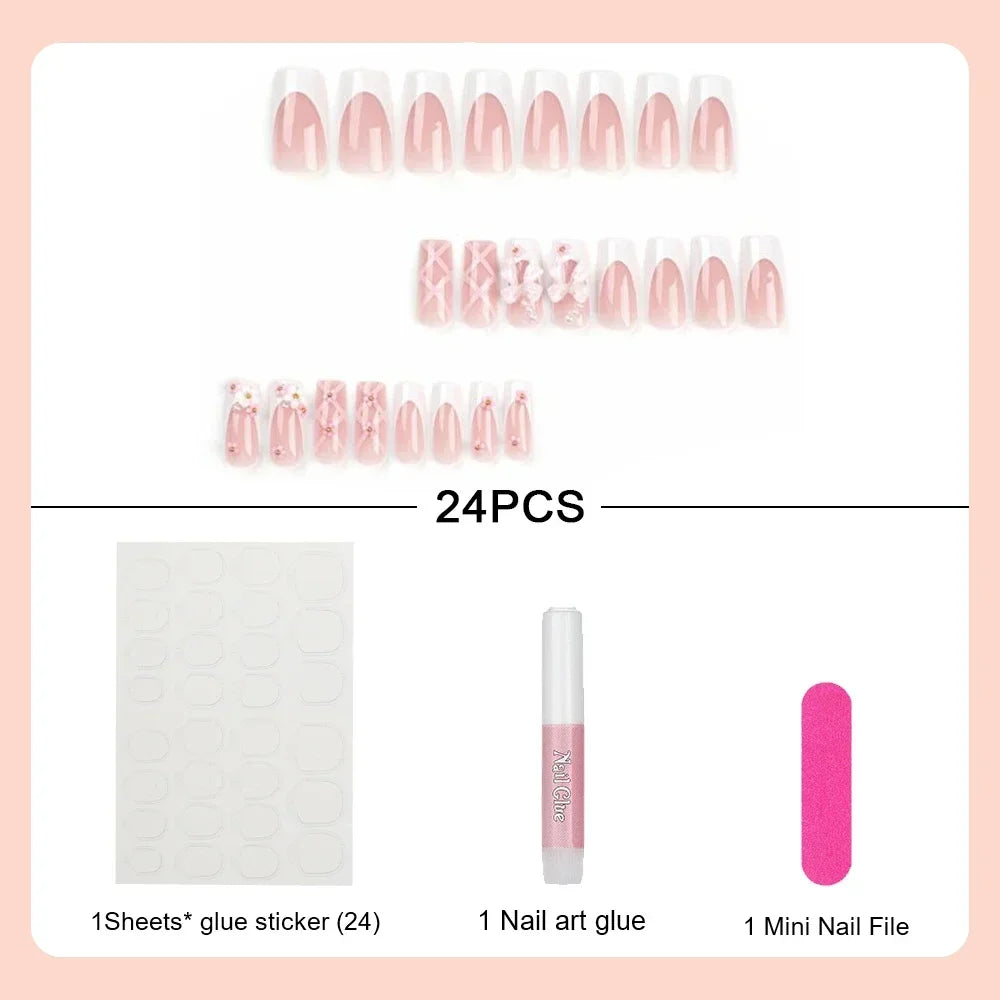 24Pcs Ballet Square Pink Press on Bow Nails 3D Flower with Bandage Design French Nail Tips for Women&Girls Daily,Spring wear