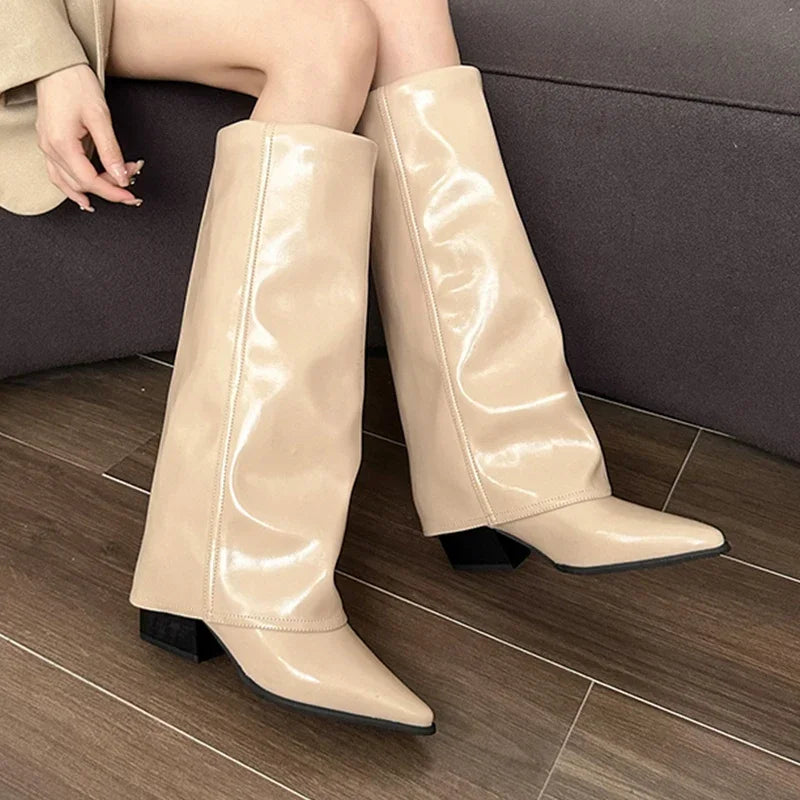 Manufacturer   Chunk Leather High Boots Women Knee High Pointer Toe Heels Shoes Woman Trend Chelsea Boots New Pumps Mujer Snow Gladiator Botas   boots