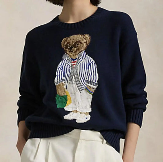heavyweight new women's classic American cartoon teddy bear embroidered jacquard loose and versatile knitted sweater pullover