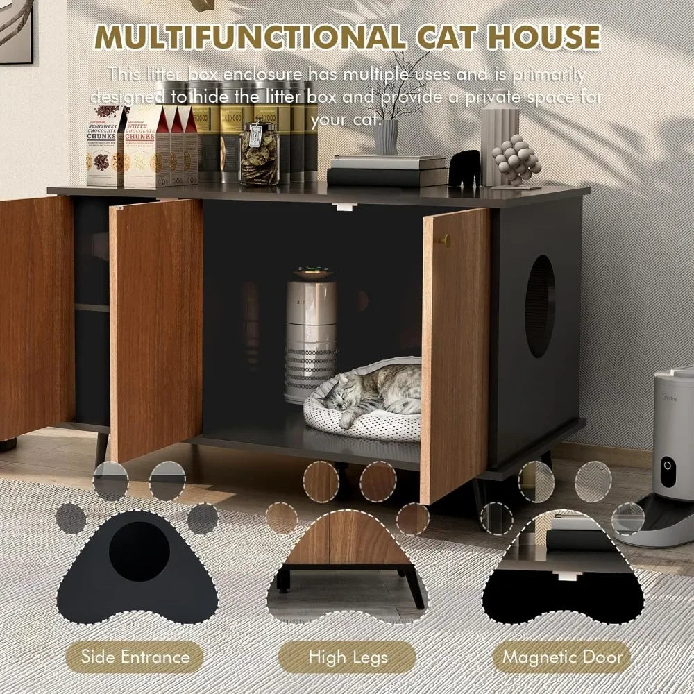 Cat Litter Box Enclosure, Hidden Litter Box Furniture, Cat Toys Cat Food Storage Cabinet, Cats Litter Box with Partitions,