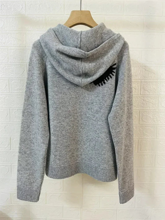 Women Hooded Sweater Heart-Shaped Letter Jacquard 100% Cashmere 3 Colors Casual Autumn Winter Lady Jumper