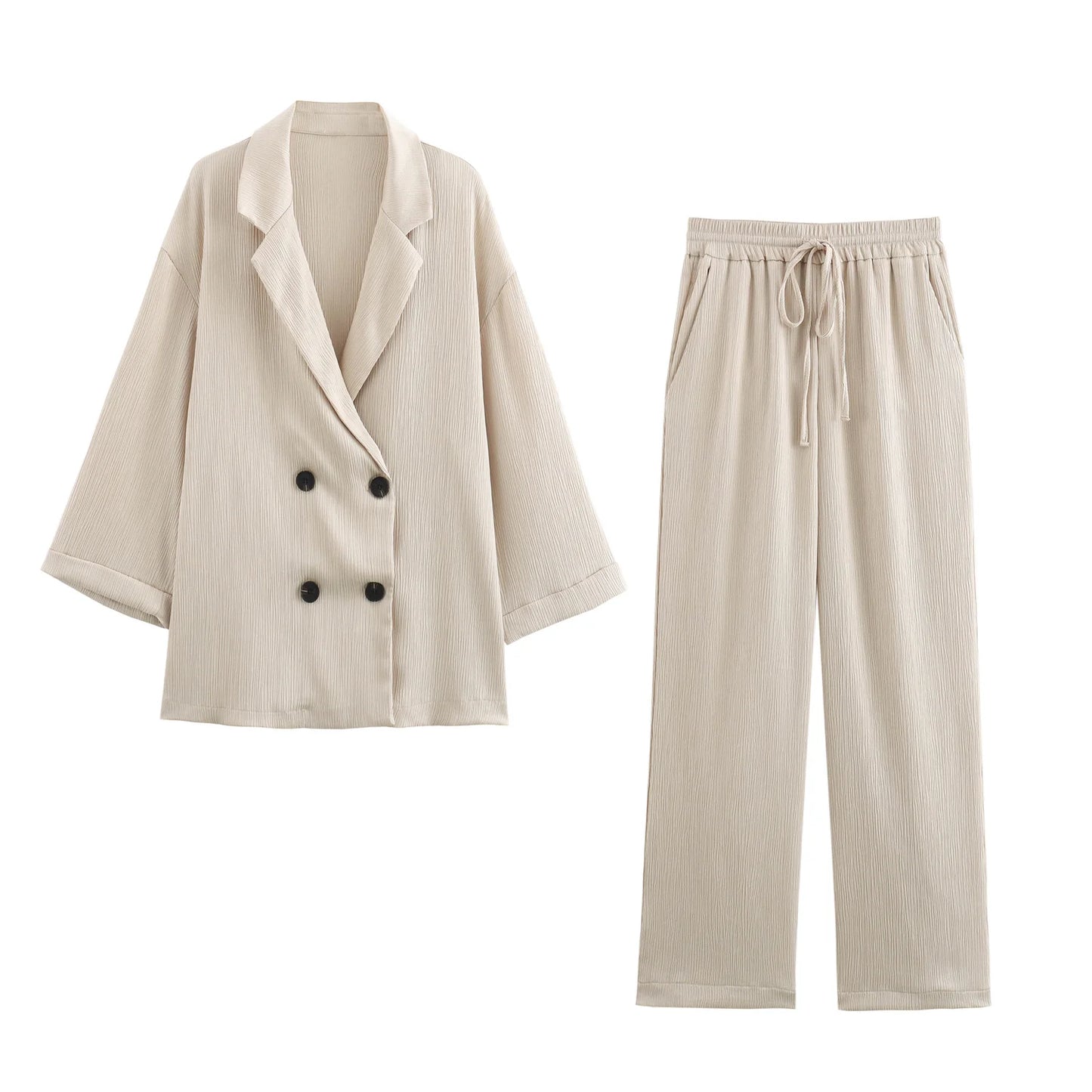 Autumn Women Casual Blazer Coat Pants Set Long Sleeve Double Breasted Blazer + Wide Leg Trousers Lady Office Outfit