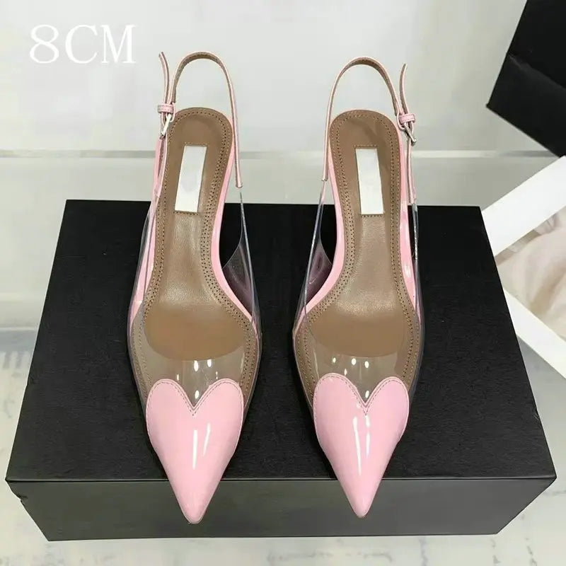 Manufacturer  New Pointy Peach Heart Fine Heel Shoes Sexy Pvc Transparent Film Black Patent Leather High Heel Overhead Sandals   Pumps