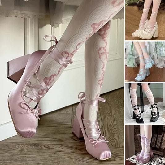 Manufacturer   9cm Chunky Heels Lolita Pumps Shoes Spring Summer French Style Women Mary Janes Shoes Lace Up Ballet Style Single Shoes   Pumps