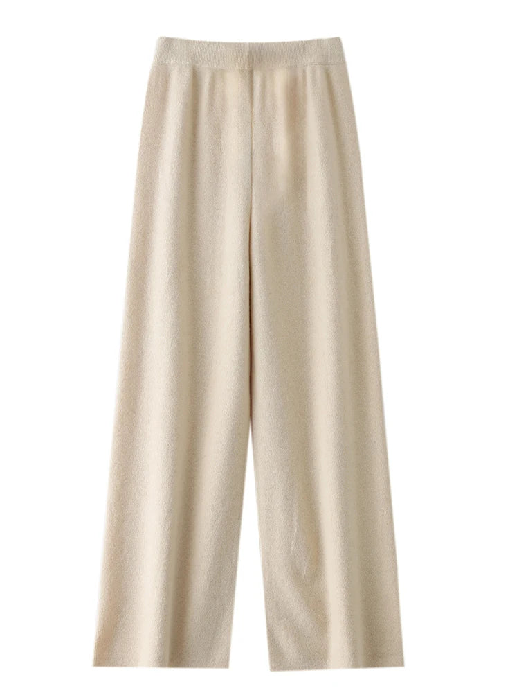Women 100% Merino Wool Knitted Wide Leg Pant Autumn Winter Basic Soft Warm Cashmere Knit Trousers Casual Simple Fashion Style