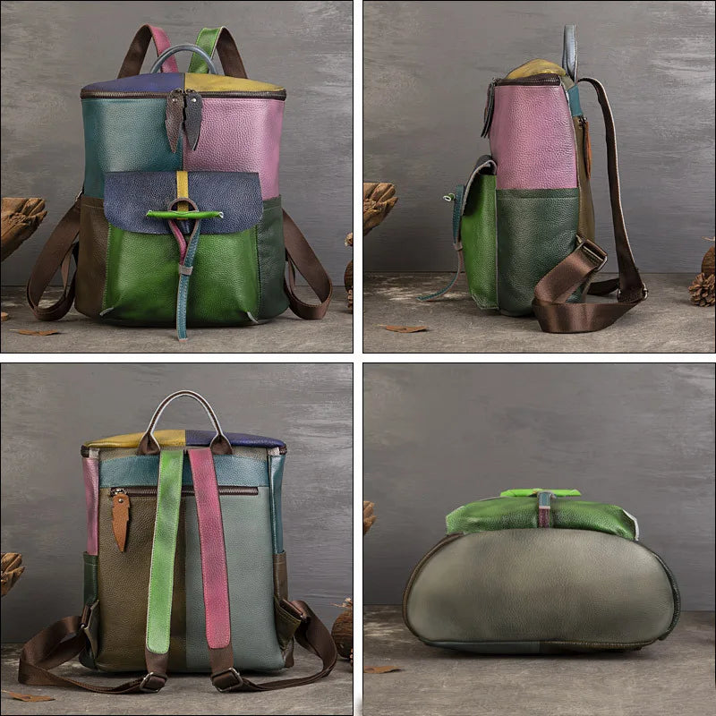 Soft Cowhide Student Backpack Colorblock Laptop Bag Large Capacity Girls School College Bookbag Trendy Durable Water-Resistant