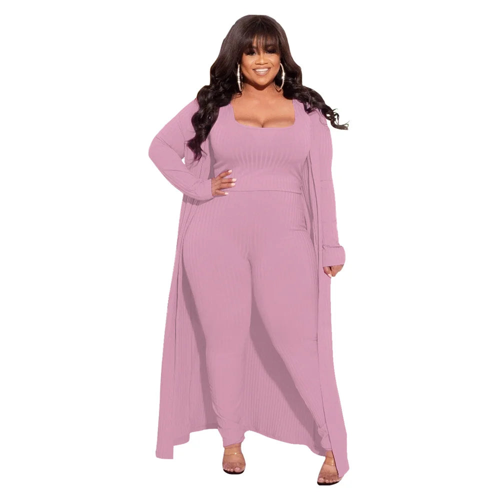 3 Piece Women Outfits Sets Sexy Square Collar Tops+long Coat Tight Pants Solid Color Fashion Plus Size Clothing Wholesale  suits