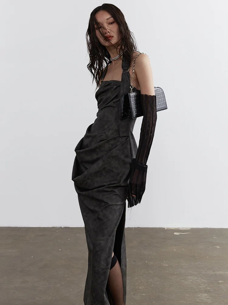[EAM] Women Gray Shaped Pleated Pu Leather Long Elegant Strapless Dress New Sleeveless Fashion Tide Spring Autumn  1DH4724