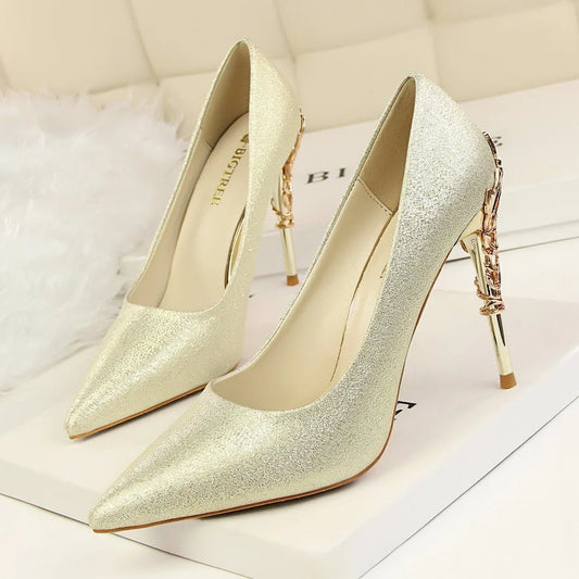 Manufacturer   Woman Metal Heels Satin Silk Dress Fashion Pumps Lady Wedding Bridal Catwalk Orange Green Wine Red Pointed Tip Shoes 9219-2   Pumps